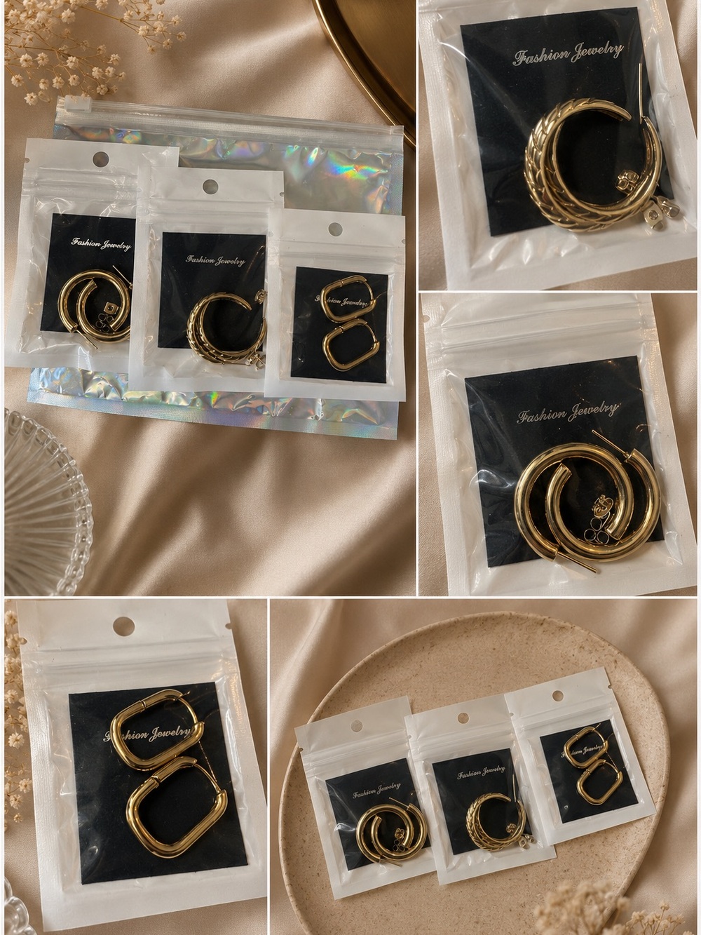 3 Pairs Fashion Jewelry Gold Hoop & Geometric Earring Set - Gold